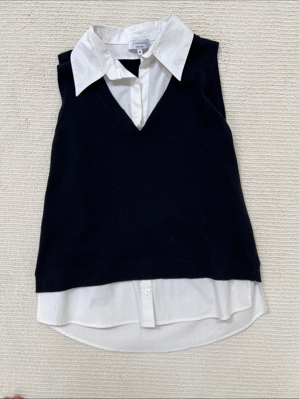 J. Society Black cotton sweater Vest with White Attached Shirt Detail